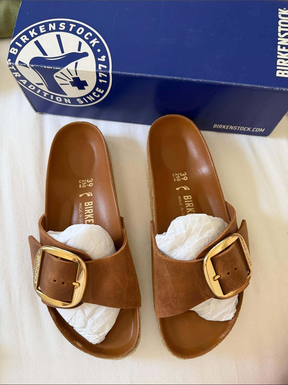 Birkenstock Brown Madrid Big Buckle Slide Sandals with box